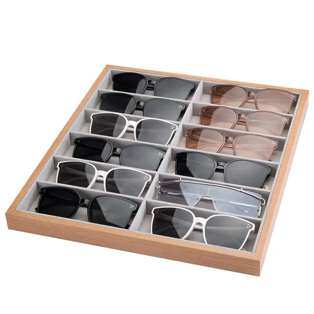 12 griglie portaoggetti per occhiali in legno fodera in velluto occhiali da sole vassoio espositore per occhiali scatola portaoggetti per occhiali da vista