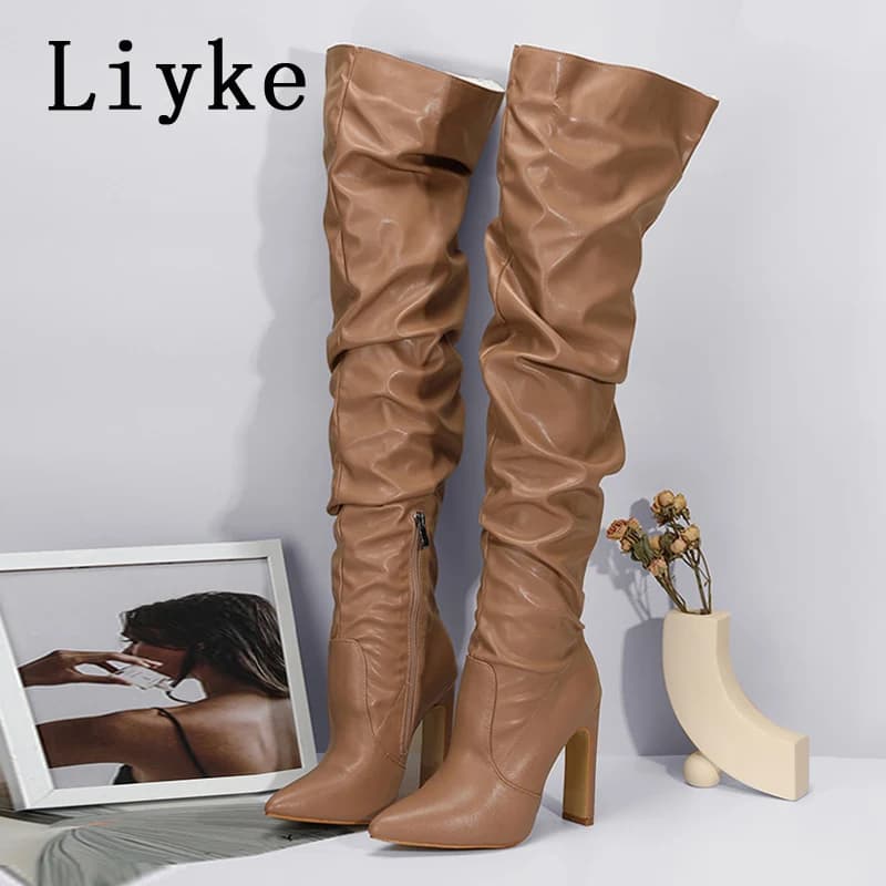 Liyke Fashion Design Stivali sopra il ginocchio in pelle pieghettata Punta a punta sexy Zip Tacchi alti bianchi Autunno Inverno Scarpe da donna