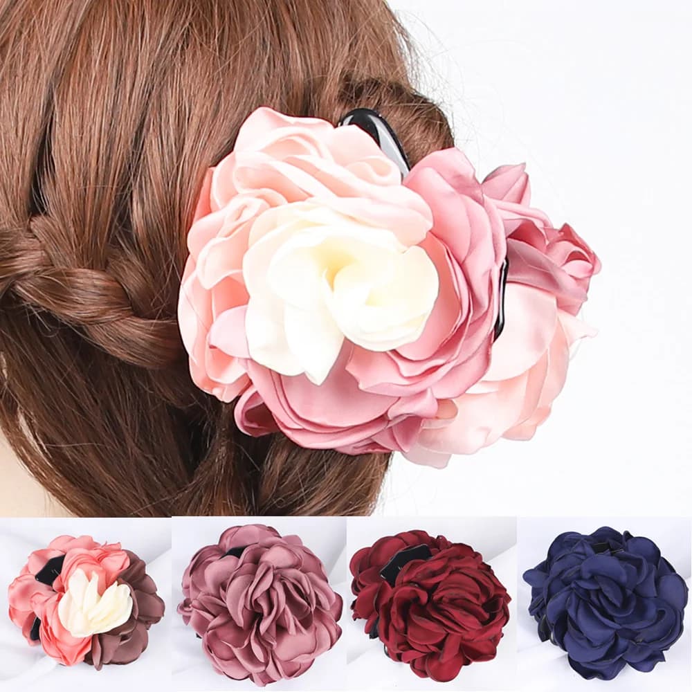 Moda grande tessuto camelia fiore granchio artiglio dei capelli clip grande plastica porta coda di cavallo morsetti per capelli accessori per capelli festa di nozze