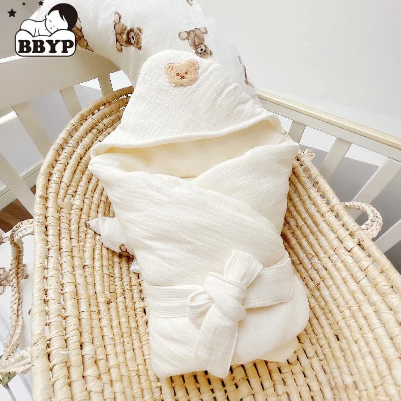 Coperta morbida per neonato con orso ricamato, fasciatoio da bagno, neonato, anti-calcio, passeggino per bambini, coperta antivento, cotone organico