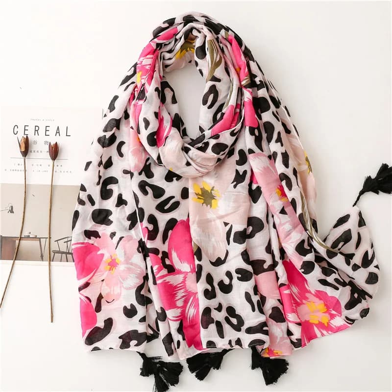 Moda Donna Primavera Autunno Sciarpa di viscosa Scialle Bella leopardo floreale Nappa Pashmina Stola Avvolgente Echarpe Foulard Hijab musulmano
