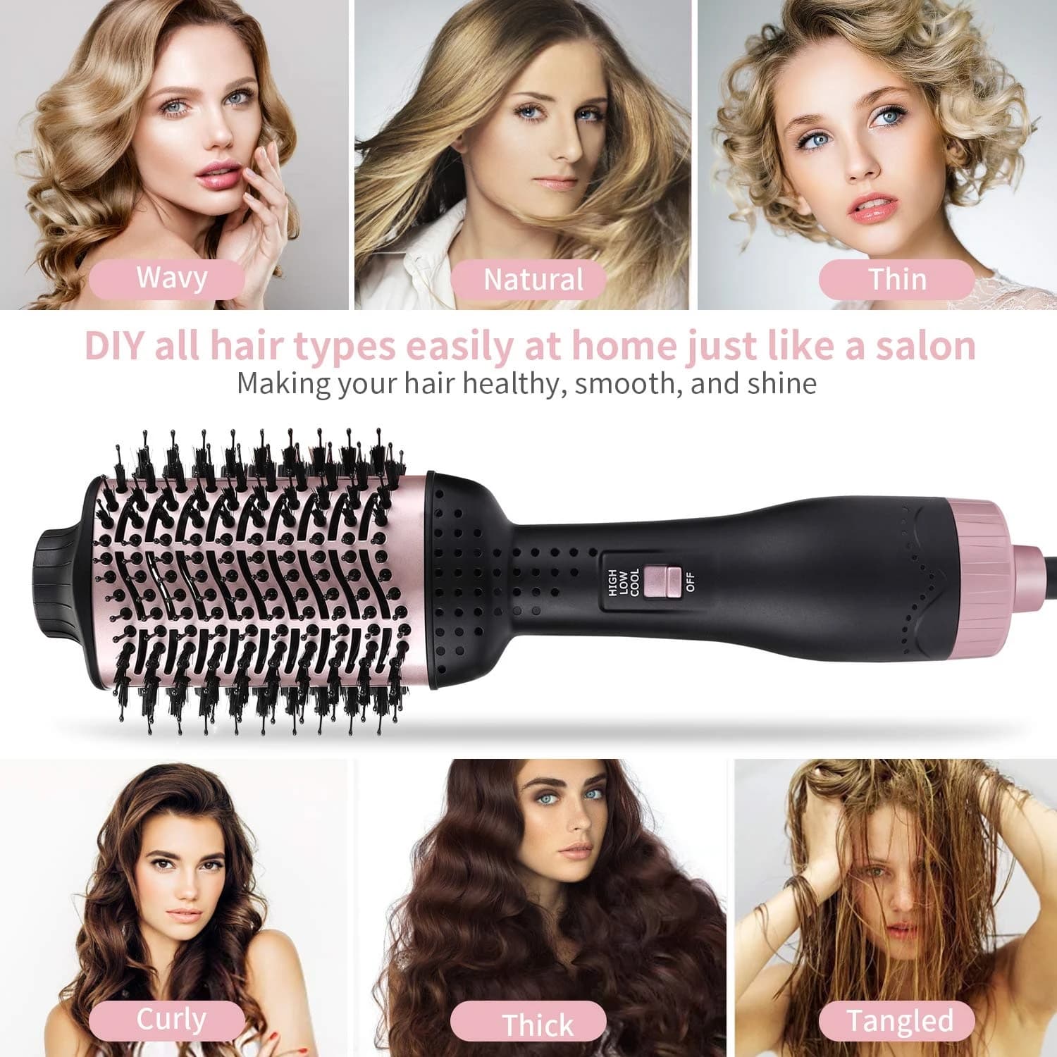 Multifunction Air Heat Brush for Drying and Shaping Hair, with Generator of Negative Ions, Plate and Hair curling