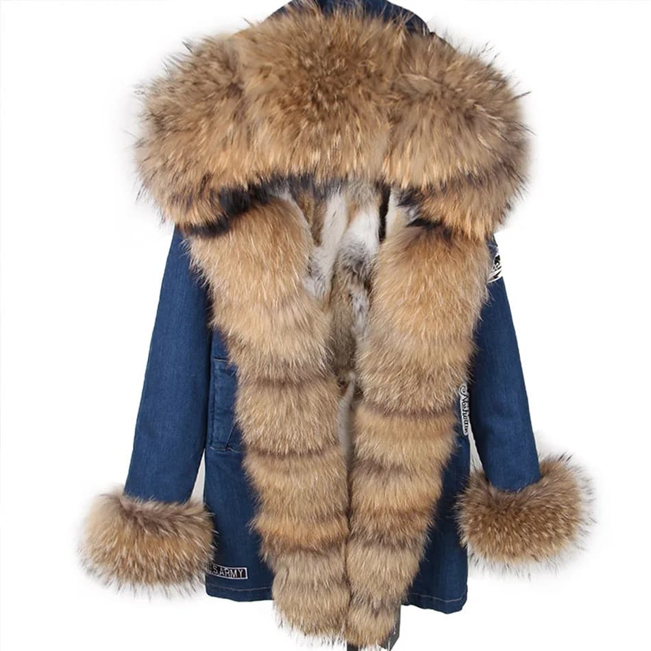 Maomaokong vera pelliccia di procione collo di volpe cappotti di jeans giacche invernali donna parka con cappuccio vera pelliccia di coniglio fodera giacca da donna