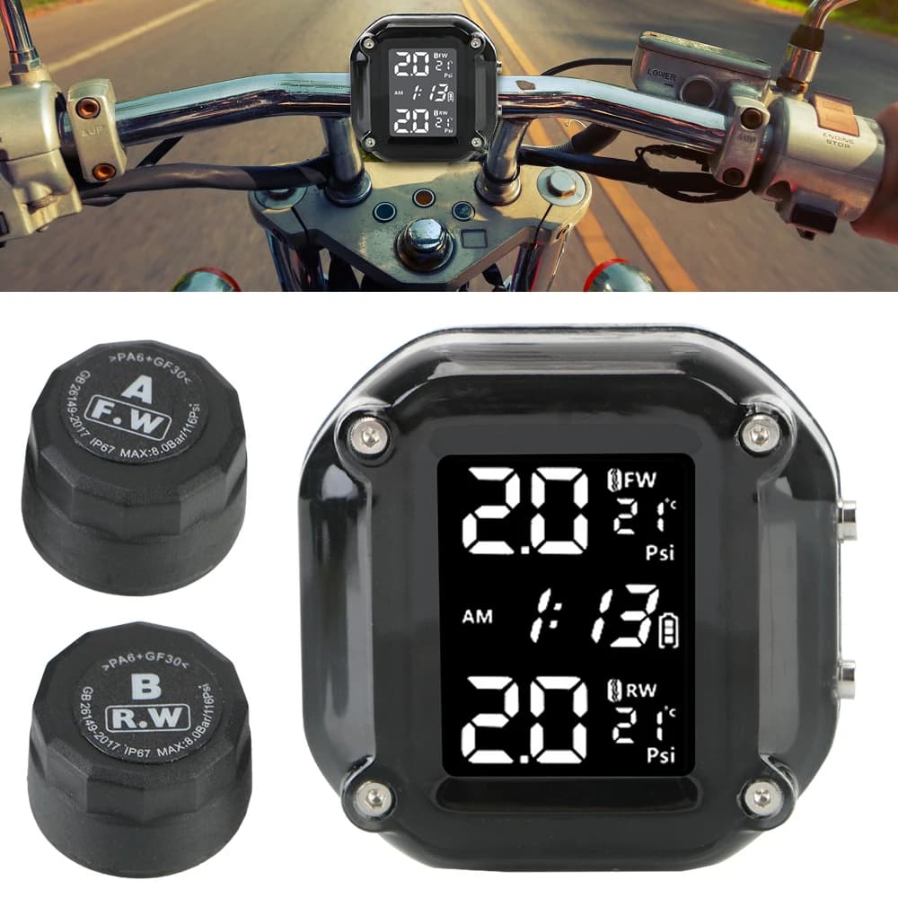 Sensore TPMS per moto Display LCD Sistema di allarme per monitoraggio della temperatura della pressione dei pneumatici del motore con 2 sensori esterni Ricarica USB