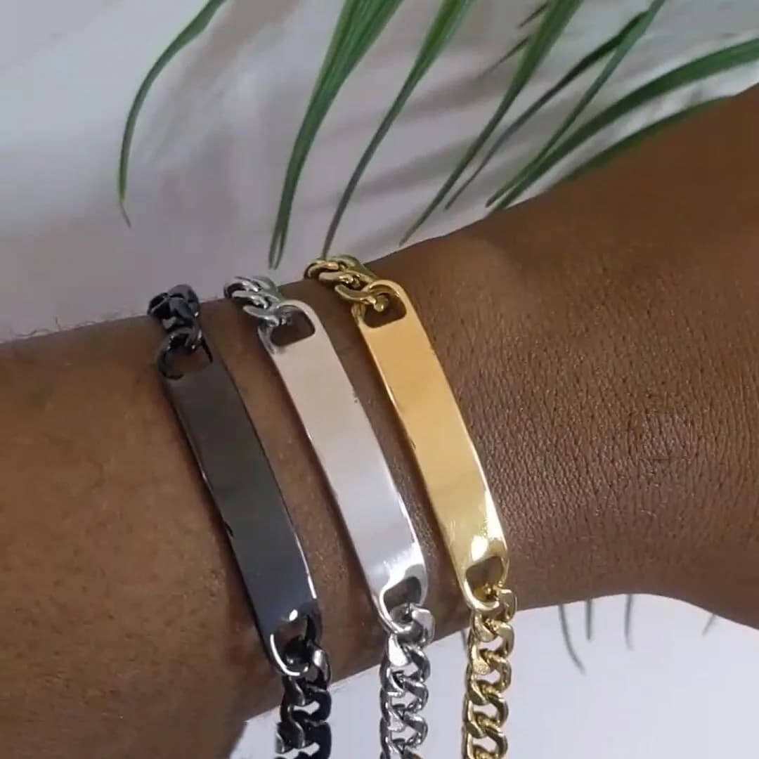 Bracciale a catena con barra personalizzata con parole, in acciaio inossidabile, regolabile, con incisione del nome, per uomo e donna, idea regalo per feste.