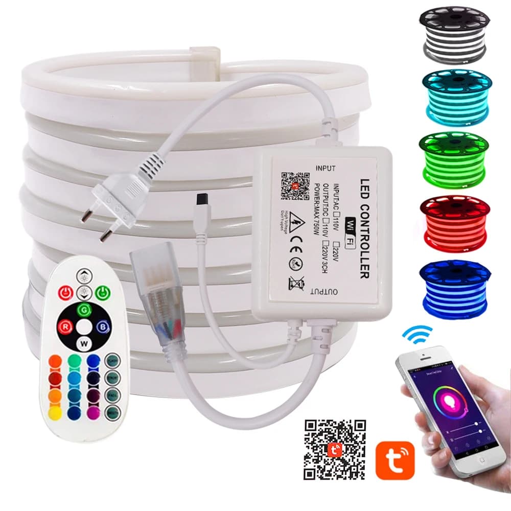 RGB Neon Strip Light Wifi Control 5050 flessibile LED Tape 24Key Remote Waterproof Neon Sign Rope Light 110V 220V EU US AU UK