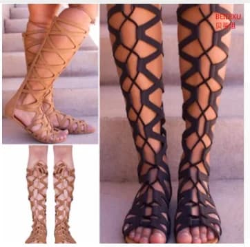 Sandali con fasciatura gladiatore romano Sandali piatti alti al ginocchio da donna botas femininas Scarpe da donna Ragazze Stivaletti cavi estivi hjm7