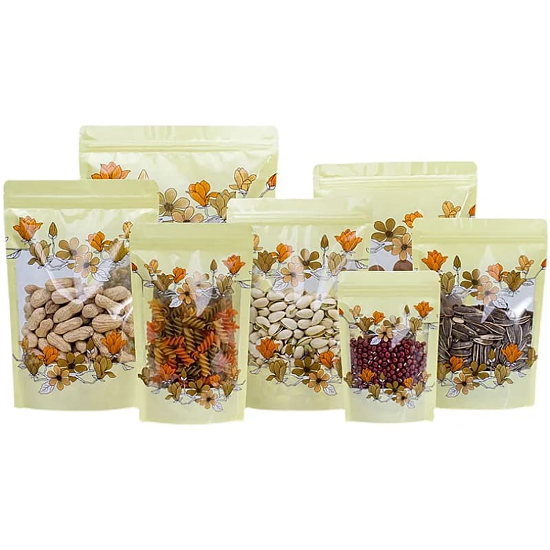 100 pezzi Stand up sacchetto di imballaggio di fiori di plastica trasparente generale Snack risigillabile spezie frutta secca noci termosigillanti sacchetti di spedizione