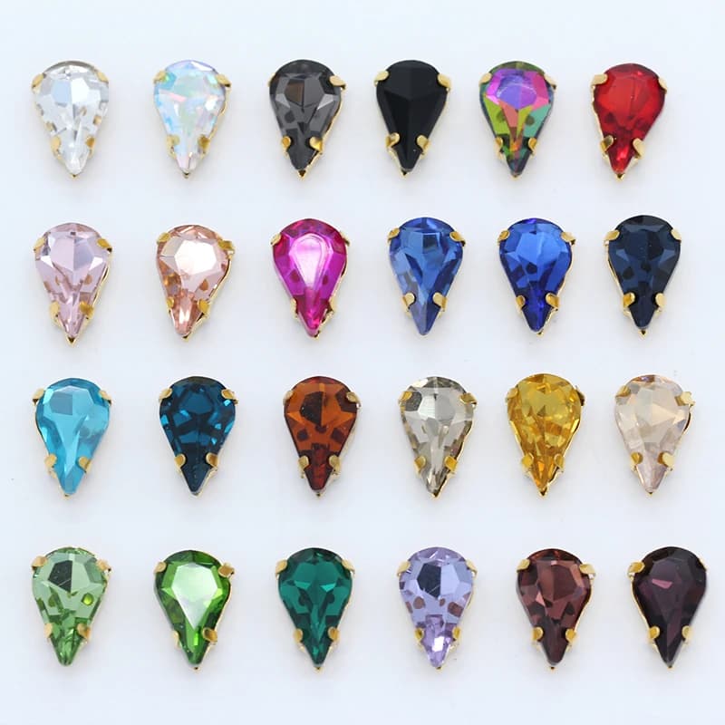 5x8mm 6x10mm 8x13mm 24 colori cucire su gocce d'acqua piatte strass di cristallo a goccia con pulsante artiglio dorato borse per abiti da sposa fai da te