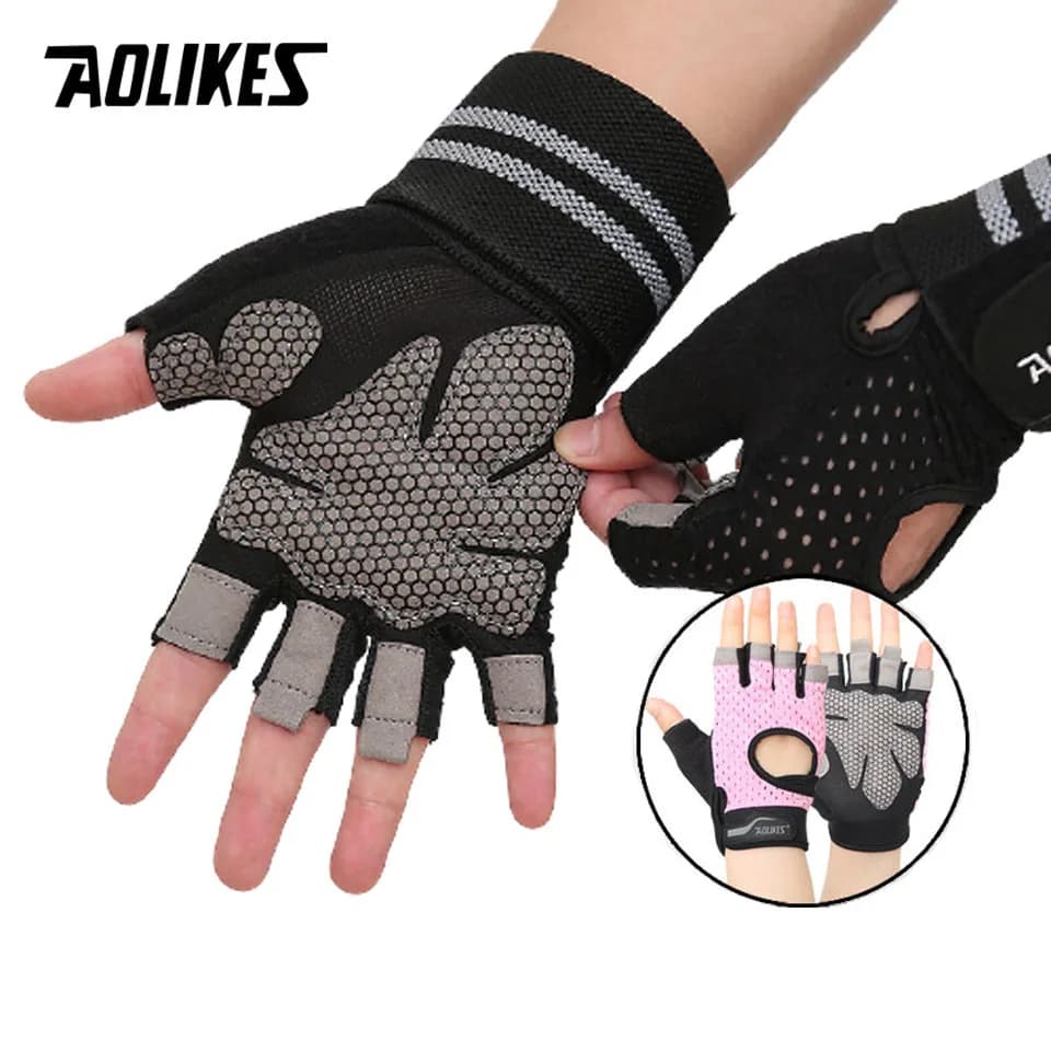 AOLIKES Fitness Gym Gloves men and women anti-slip gloves padded in Silicone with Silicone handle with wrist wrap Crossfit