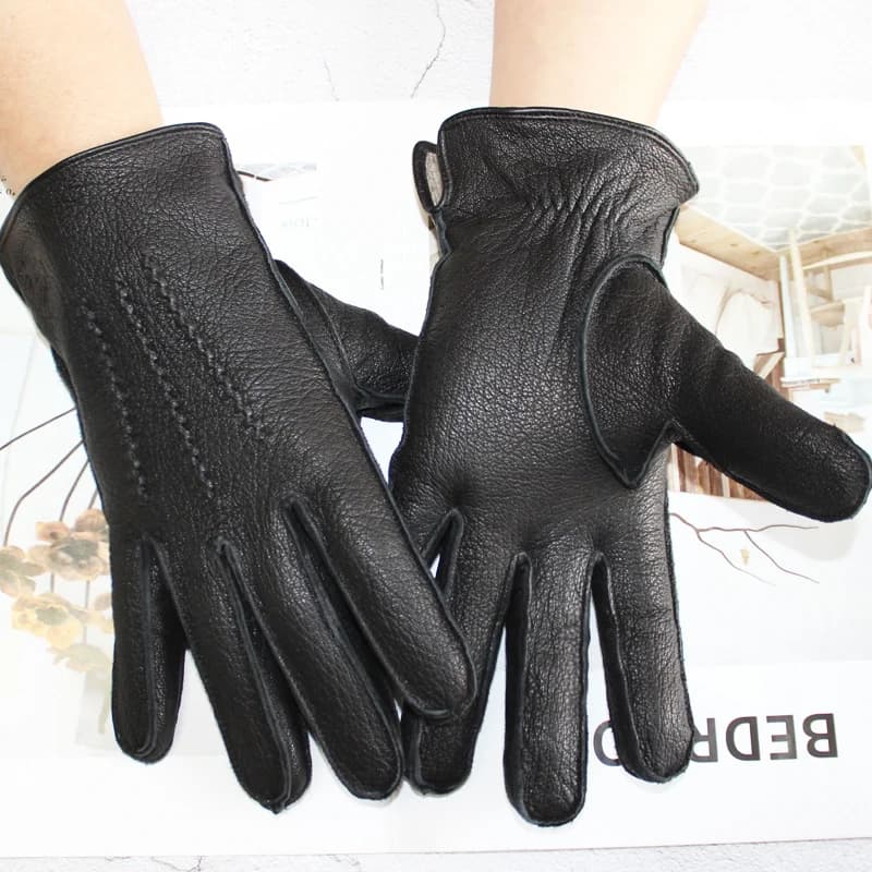 New Deerskin Gloves Men's Leather Outer Stitched Striped Retro Motorcycle Riding Driving Autumn and Winter Wool Knitted Lining