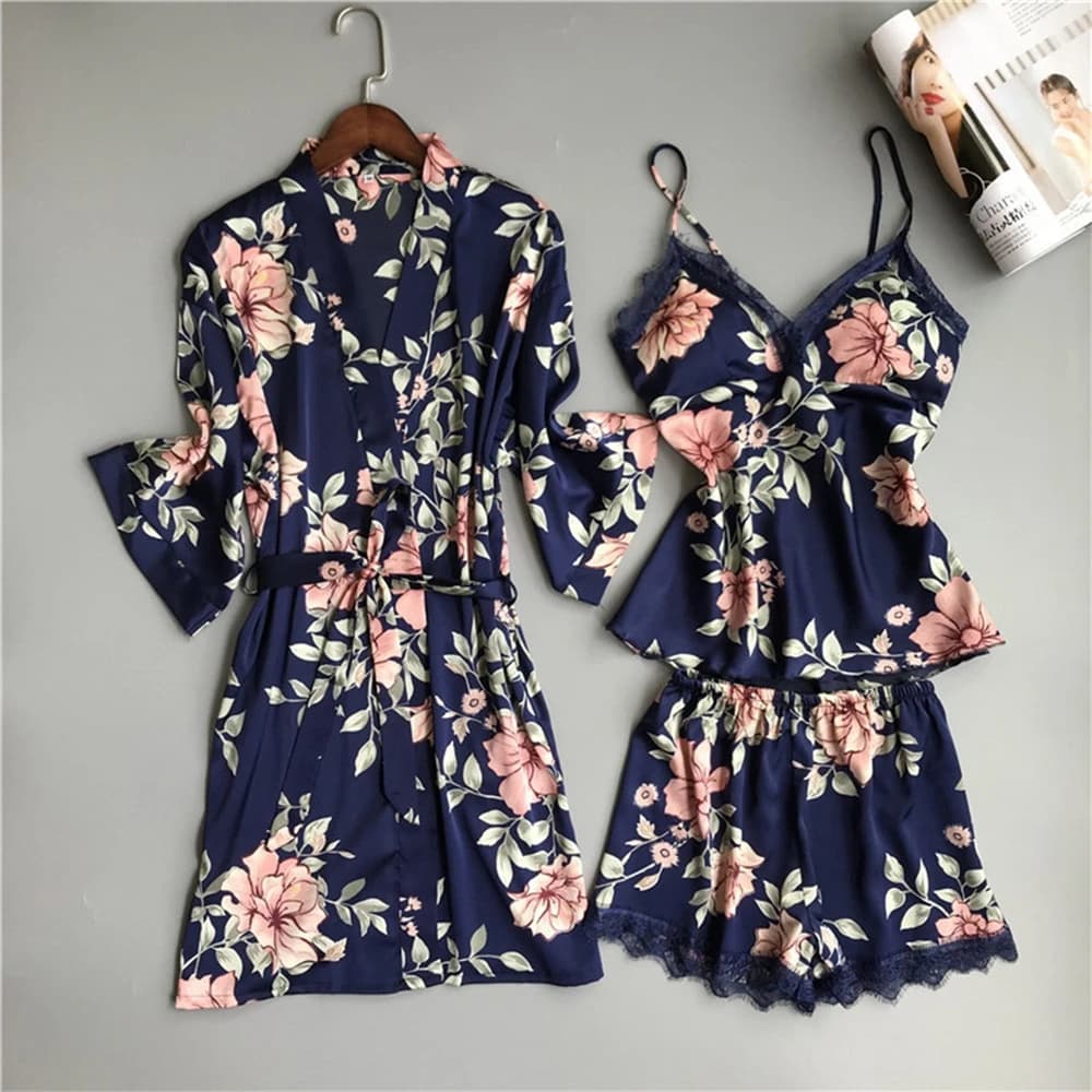 Set pigiama da donna Sexy pigiama in pizzo con stampa Kimono accappatoio + top da notte + pantaloncini macchia indumenti da notte Casual pigiameria Mujer Plus Size