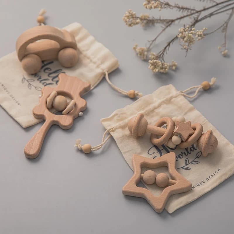 Set di Sonagli in Legno per Neonati, Giocattoli Educativi Montessori a Forma di Orso, Sonagli Musicali in Faggio per Dentizione, Regali per Bambini