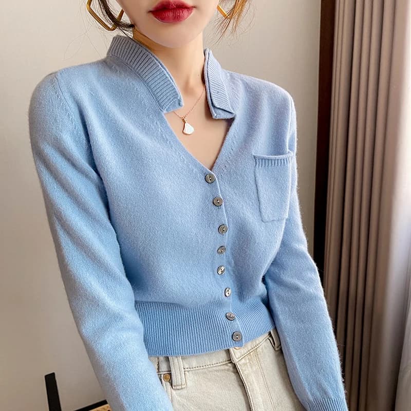 LHZSYY Autunno 2025 Giacca da donna in cardigan di lana lavorata a maglia Camicia da donna con scollo a V corto sottile in pura lana al 100%