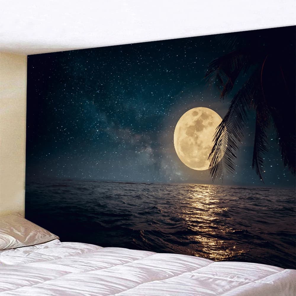 Beach moon background home decoration art tapestry scene psychedelic Hippie Bohemia bedroom decoration bed linen yoga mat