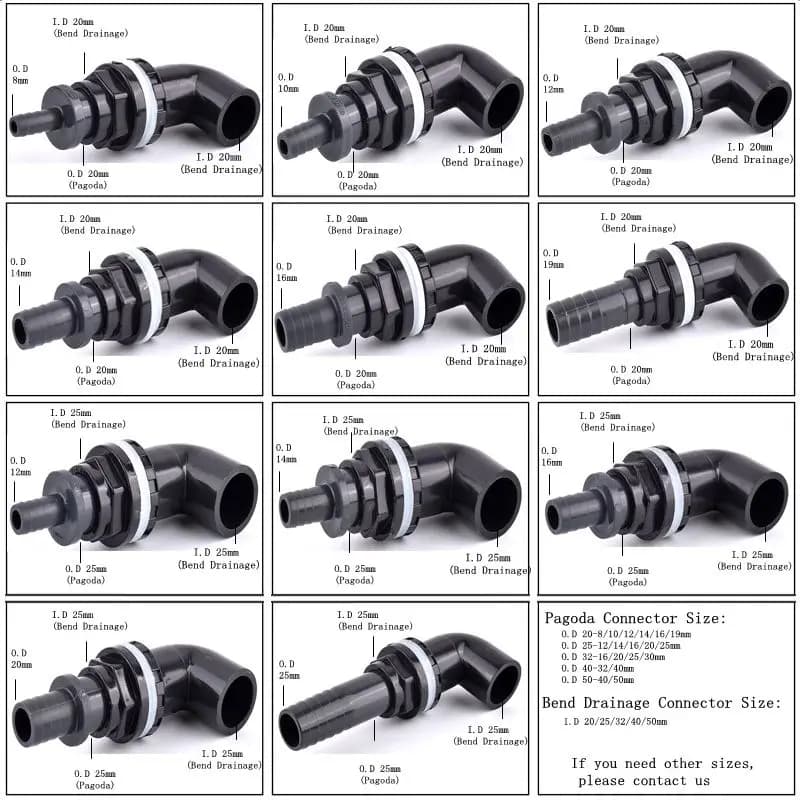 O.D20/25-8 /10/12/14/16/19/20/25mmPvc pipe coupling set Pagoda Bend draining connector Garden irrigation adapter for soft hose