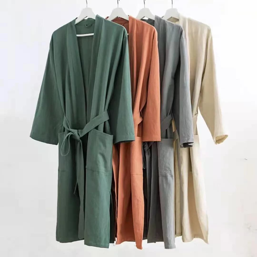 Simple Lovers Hoodies Women's Solid Bathrobes 70% Cotton 30% Linen Caftano Sleeprobe Kimono Japanese men's dress loose for the house