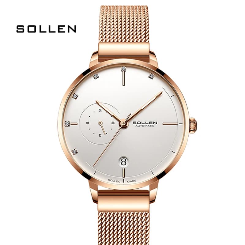 SOLLEN-Orologi meccanici automatici da donna impermeabili con strass zaffiro sub-quadrante cinturino in maglia orologio svizzero marchio di lusso SL416