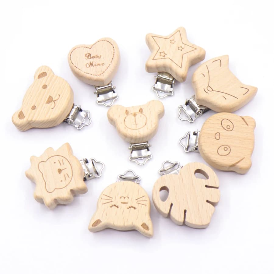 5 pezzi in legno coniglio stella ciuccio clip accessori per bambini ciuccio animale in legno supporto in metallo ciuccio elefante denti da bambino in legno