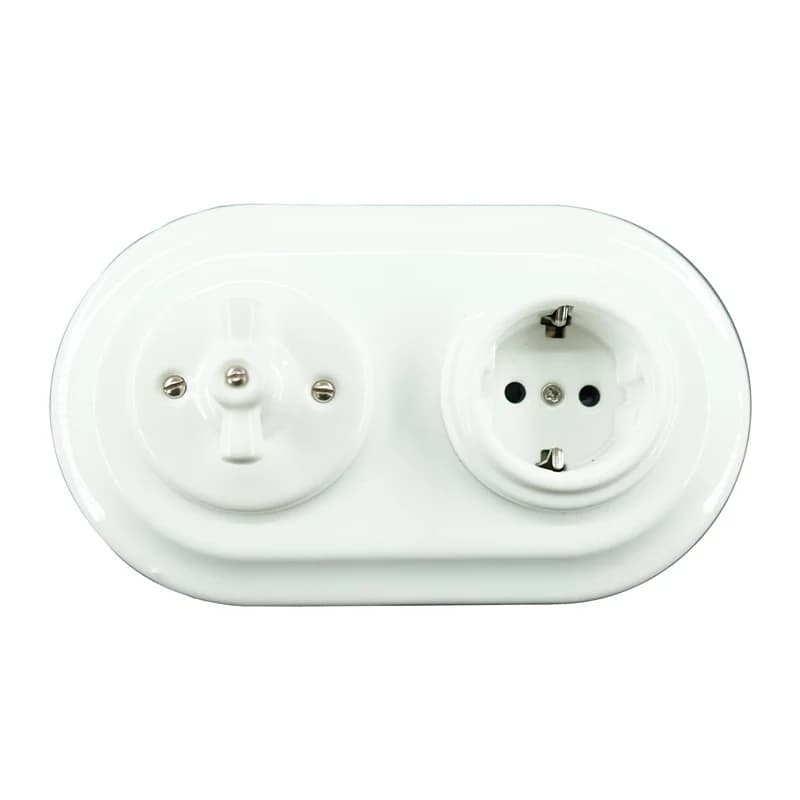 Ceramic Double Wall Switch and German Socket Flush-mounted 2 Item Porcelain Frames