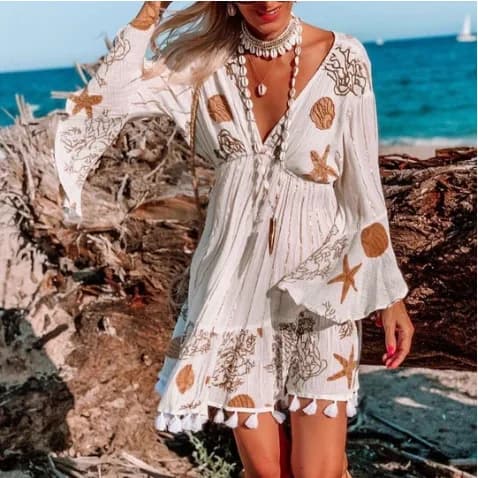 Sexy V-neck Bikini cover long sleeve beach dress tassel Mini dresses swimsuit woman swimsuits beach tunics Robe De Plage