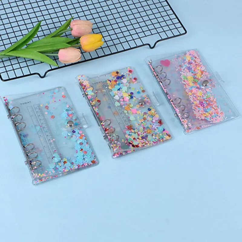 A5/A6 simpatico quaderno in PVC trasparente con paillettes glitterate copertina per ufficio scuola 6 anelli raccoglitore a spirale Agenda Agenda Organizer Notebook