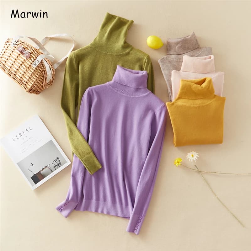 Marwin New-Coming Winter Tops Solid Button colletto rovesciato pullover maglione dolcevita lavorato a maglia da donna High Street