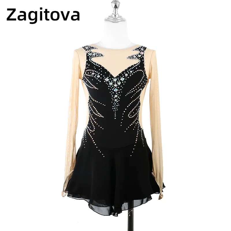 ZAGITOVA Abito da pattinaggio di figura nero Gonna da pattinaggio su ghiaccio a maniche lunghe Costume da gonna in rete da competizione con diamanti per ragazze da donna