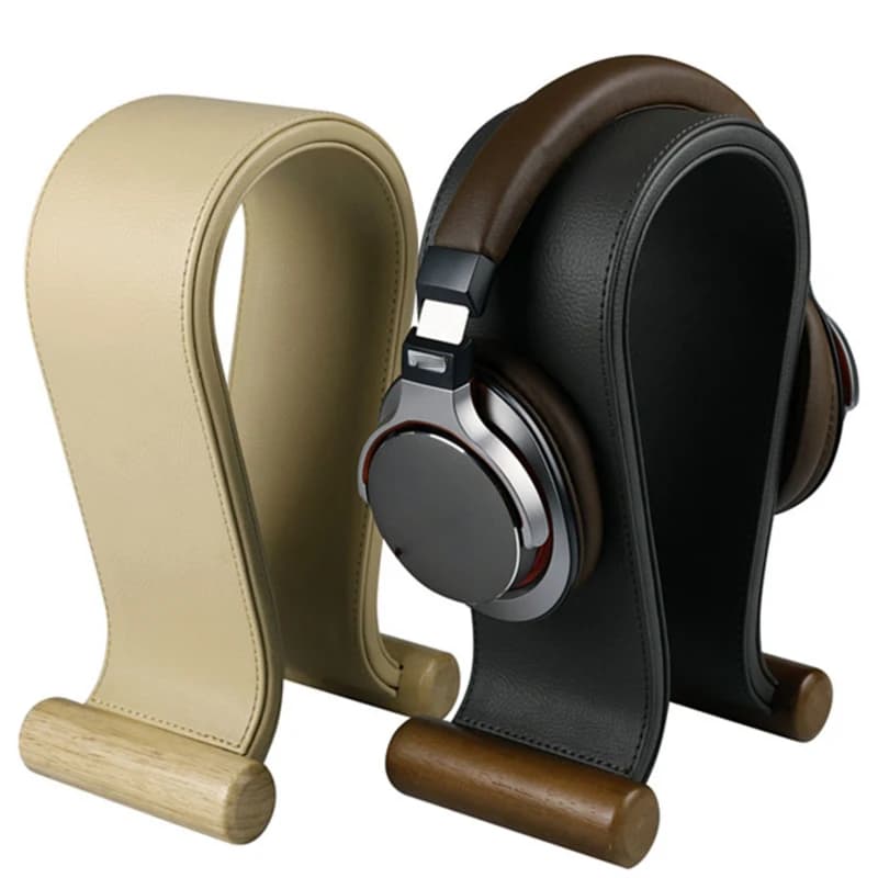 Supporto universale per cuffie da gioco in pelle PU + supporto per cuffie in legno Espositore da scrivania per cuffie cablate/wireless salvaspazio
