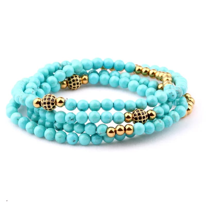 New Fashion Women Lady 4mm Natural Stone Cubic Zirconia Ball Four Layer Bracelet Jewelry Gift