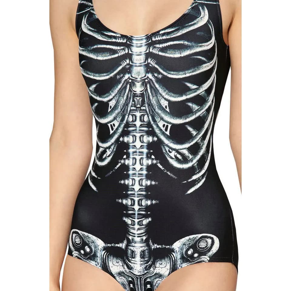 [Sei il mio segreto] costumi da bagno intero femminile scheletro gotico costumi da bagno Sexy Monokini costumi da bagno body da spiaggia nero scuro senza schienale