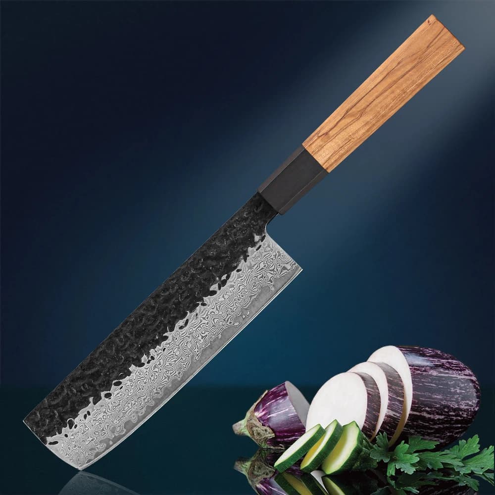 Kitchen knives Nakiri in Damascato Steel Forged in Hand, Handle in Olive Wood Massive, 7 Inches, 9Cr18Mov