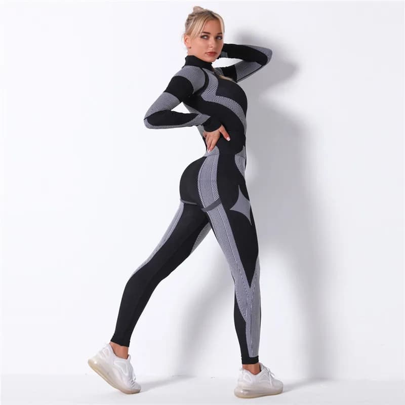 Set da allenamento senza cuciture abiti da Yoga per donna camicia a maniche lunghe elastica Leggings energetici a strisce 2 pezzi ciclismo abbigliamento sportivo da corsa