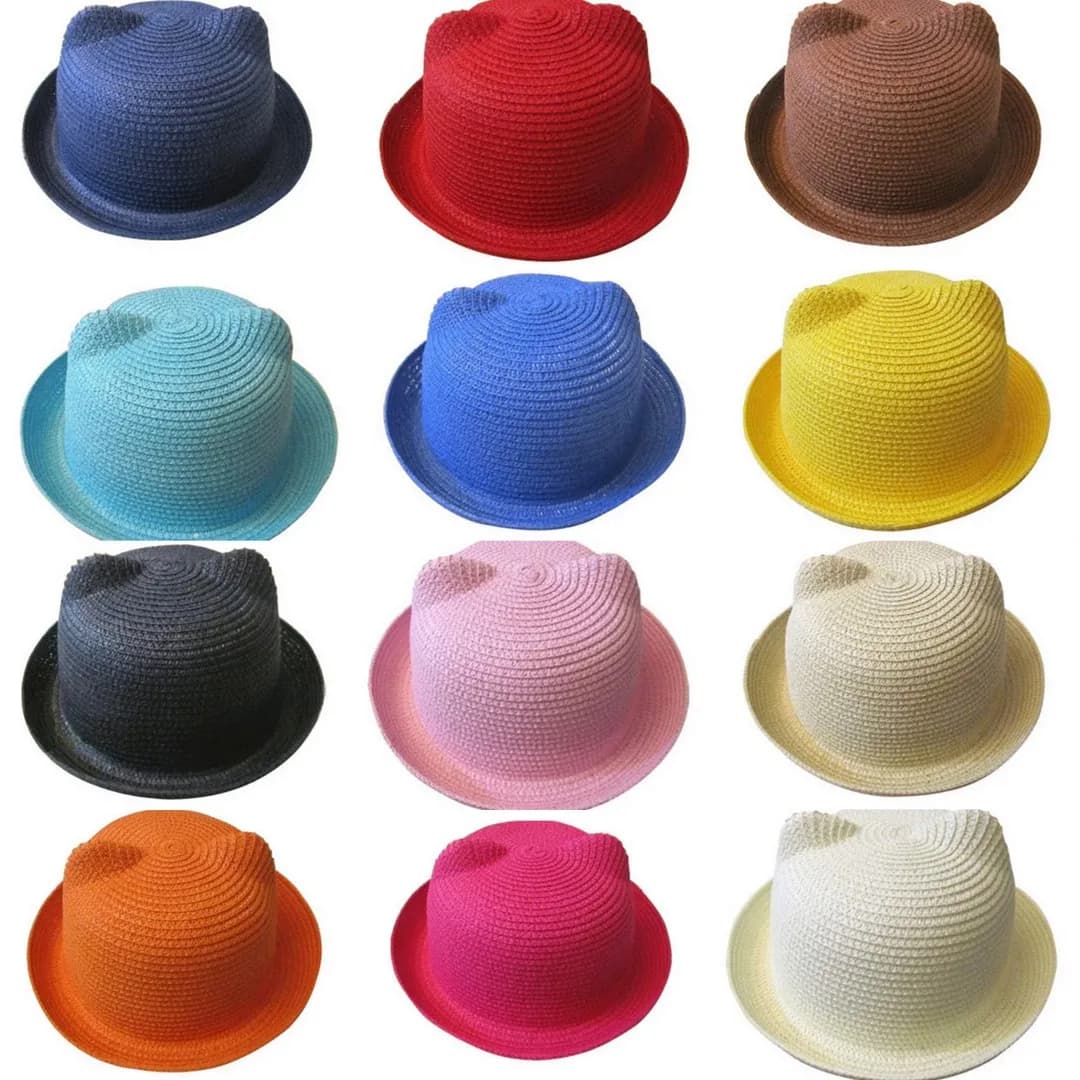 Mistdawn Cute Kids Bambini Ragazzi Ragazze Cappello di paglia Orecchie di gatto Corna da diavolo Bombetta Derby Cap Summer Beach Sunhat