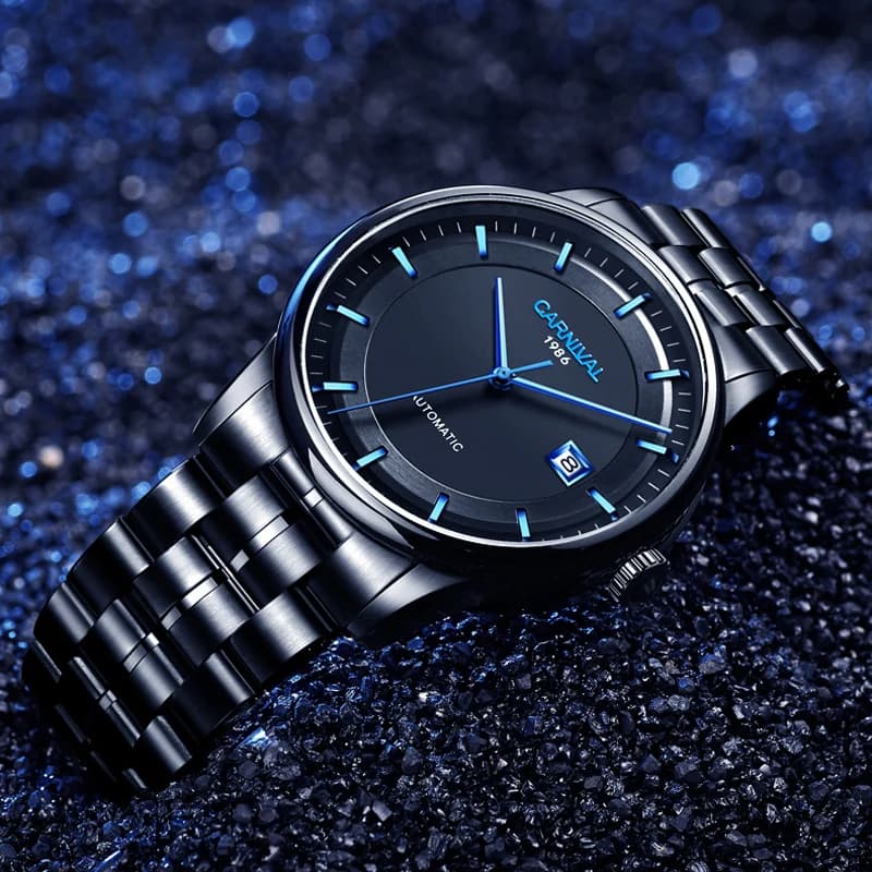 Carnival New Luxury MIYOTA Mechanical Watch Men's Stainless Steel Strap Waterproof Calendar Black Automatic Watches For Men 5668