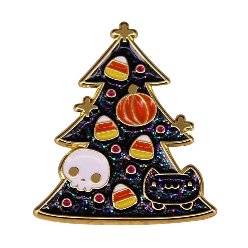 Glitter albero di natale spilla zucca caramelle mais fondente gatto nero teschio fantasma spilla accessorio di Halloween