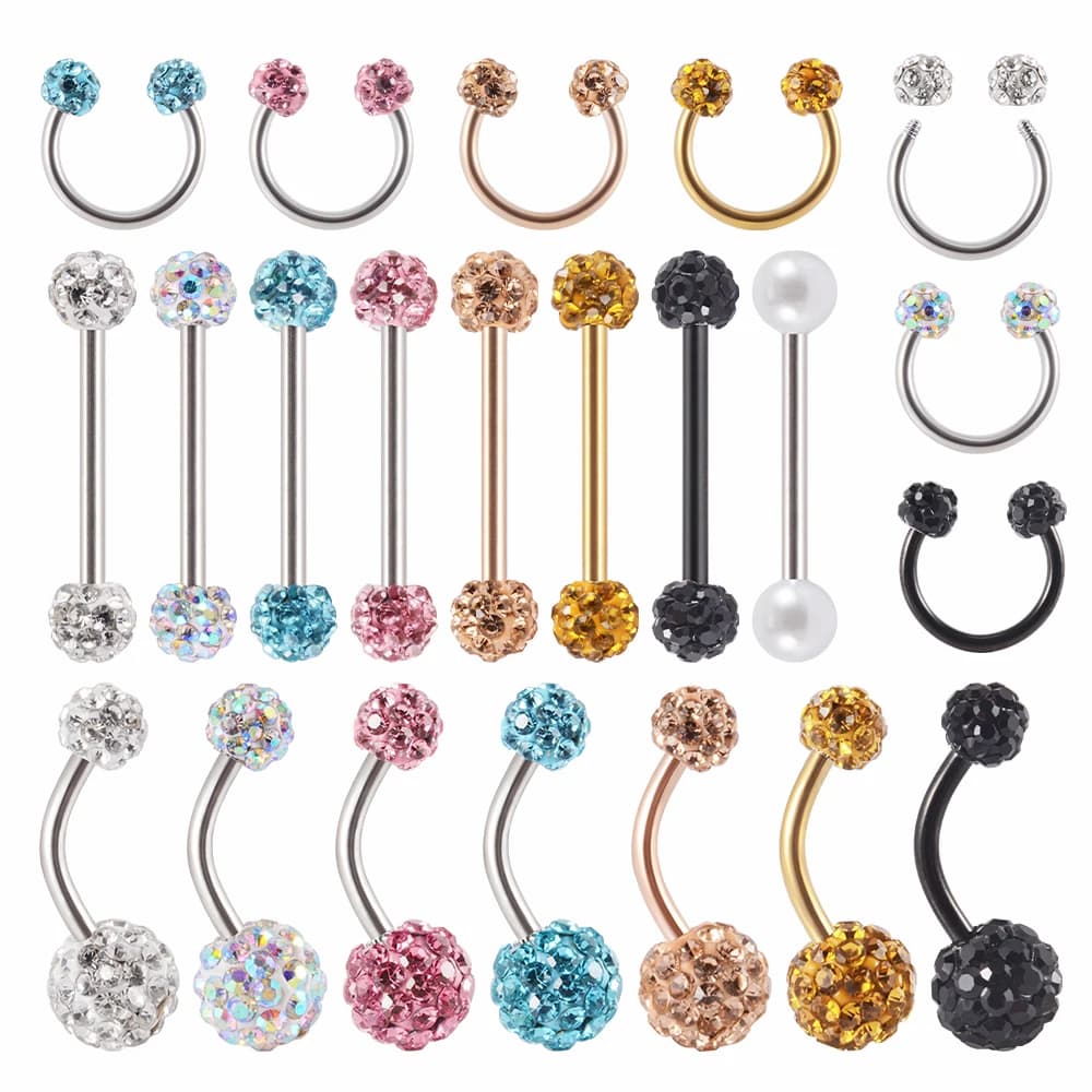 1PC Acciaio Chirurgico 316l Doppie Sfere di Cristallo Epossidico Anello Dell'ombelico Pieno Zircone Lingua Bilanciere Orecchini Circolari Penetranti