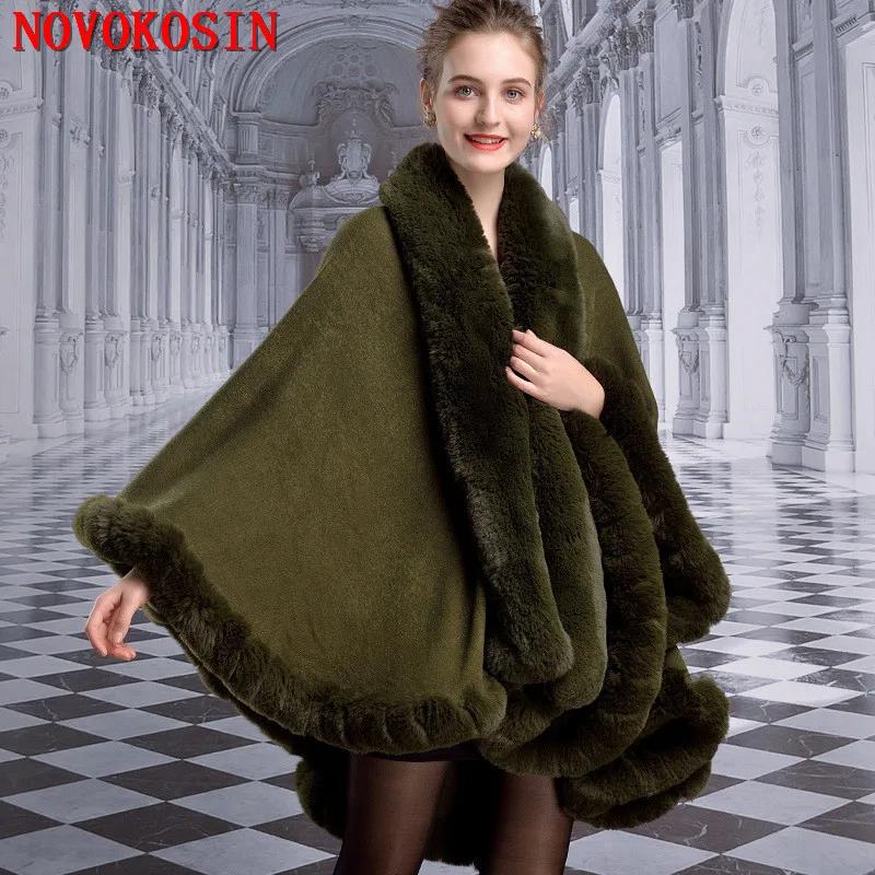 12 colori donna verde inverno posteriore mantello lungo grande collo di pelliccia di coniglio finto fuori Street Wear Poncho sciolto pendolo mantello addensare cappotto