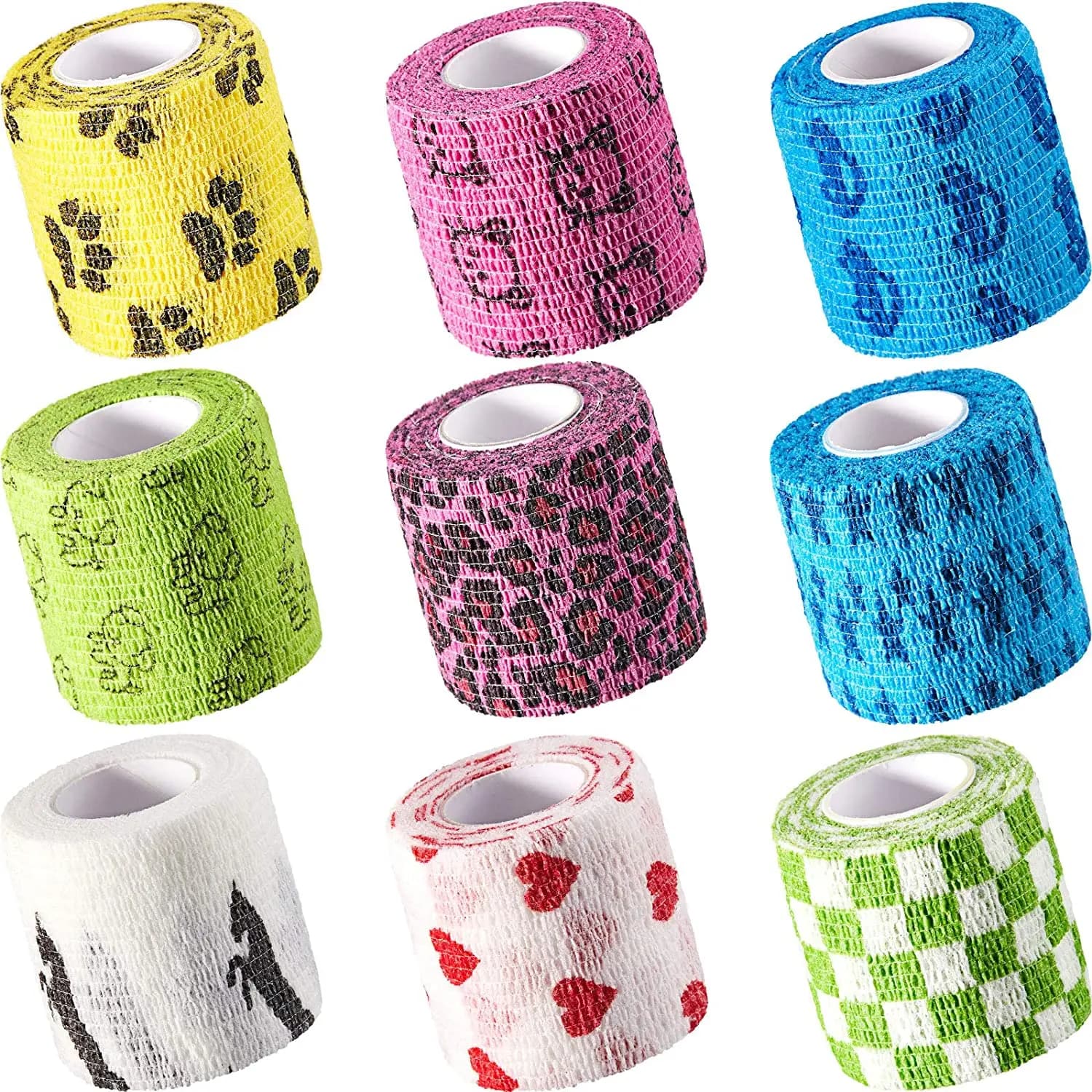 9 Pezzi Vet Wrap Nastro autoadesivo per animali domestici 1 o 2 pollici Benda avvolgente in tessuto non tessuto Benda coesiva Polso Caviglia Spruzzatura e gonfiore