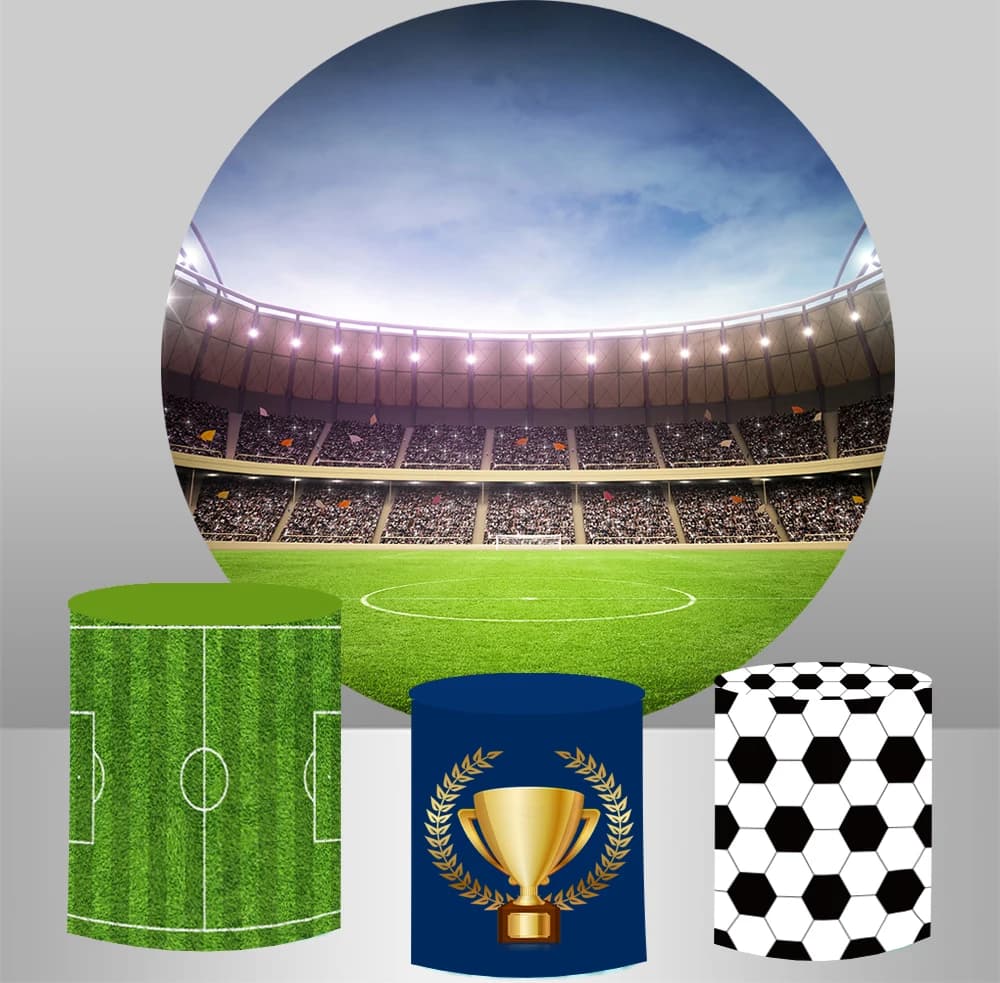 Sfondo circolare a tema campo da calcio Sfondo per bambini Decorazione per festa di compleanno Banner Copri tavolo da dessert Copri cilindro zoccolo