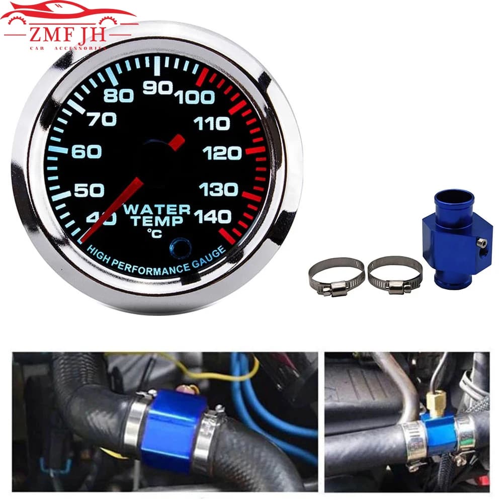 40~140 Celsius 52MM Racing Gauge Water Temperature Gauge Kit Car with Temp Joint Pipe Sensor Adapter Radiator 28-40MM Custom 12V