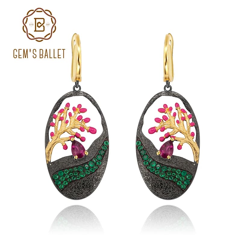GEM'S BALLET 0.56Ct orecchini con granato rodolite naturale orecchini pendenti smaltati fatti a mano in argento Sterling 925 per le donne gioielleria raffinata