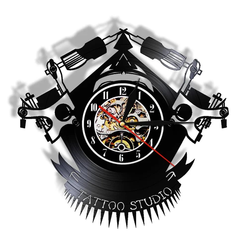 Tattoo Studio Tattooing Guns Vinyl Record Wall Clock For Tattoo Parlors Tattooists Home Decor Clock Wall Watch Hipster Men Gift