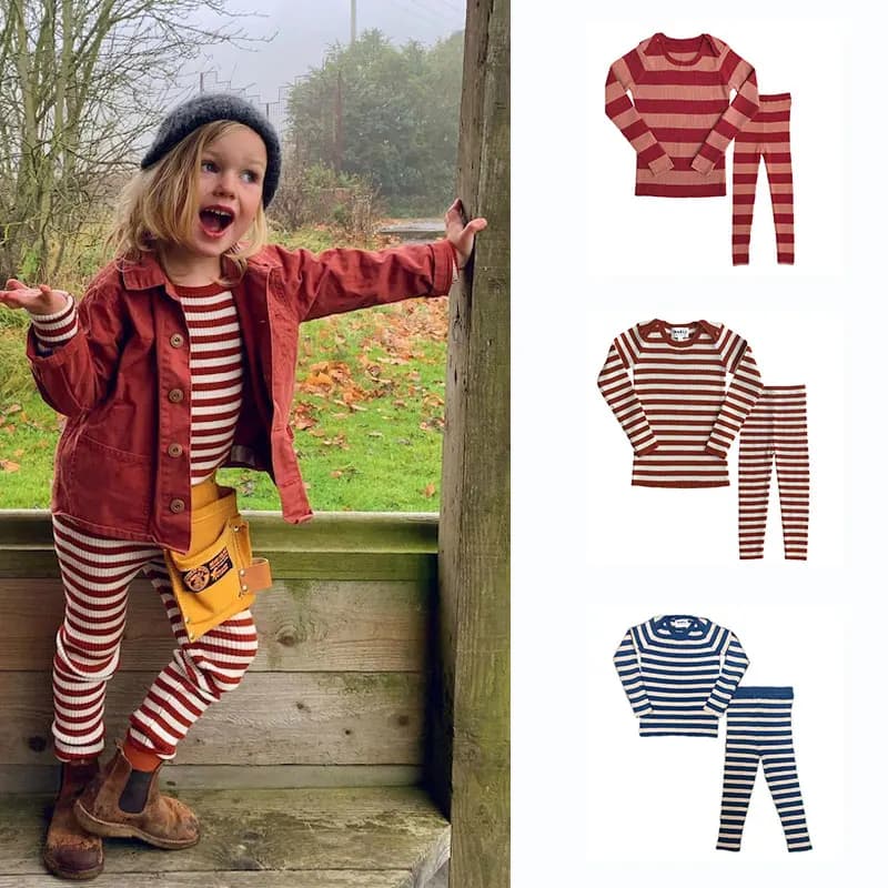 Mabli Autumn Winter Girls Boys Underwear Pajamas Set Striped Loungewear Long Sleeve Sweater Tight-fitting Kids Knitted Underwear