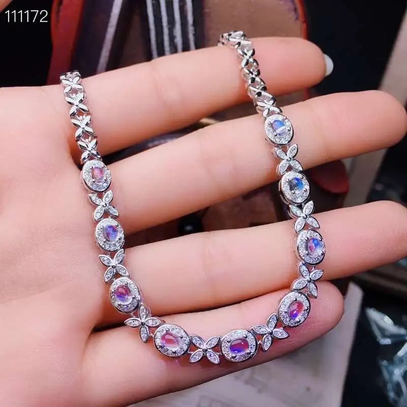 Bracciale rigido in pietra di luna naturale e reale al 100% in argento sterling massiccio S925 per gioielli da donna colorati