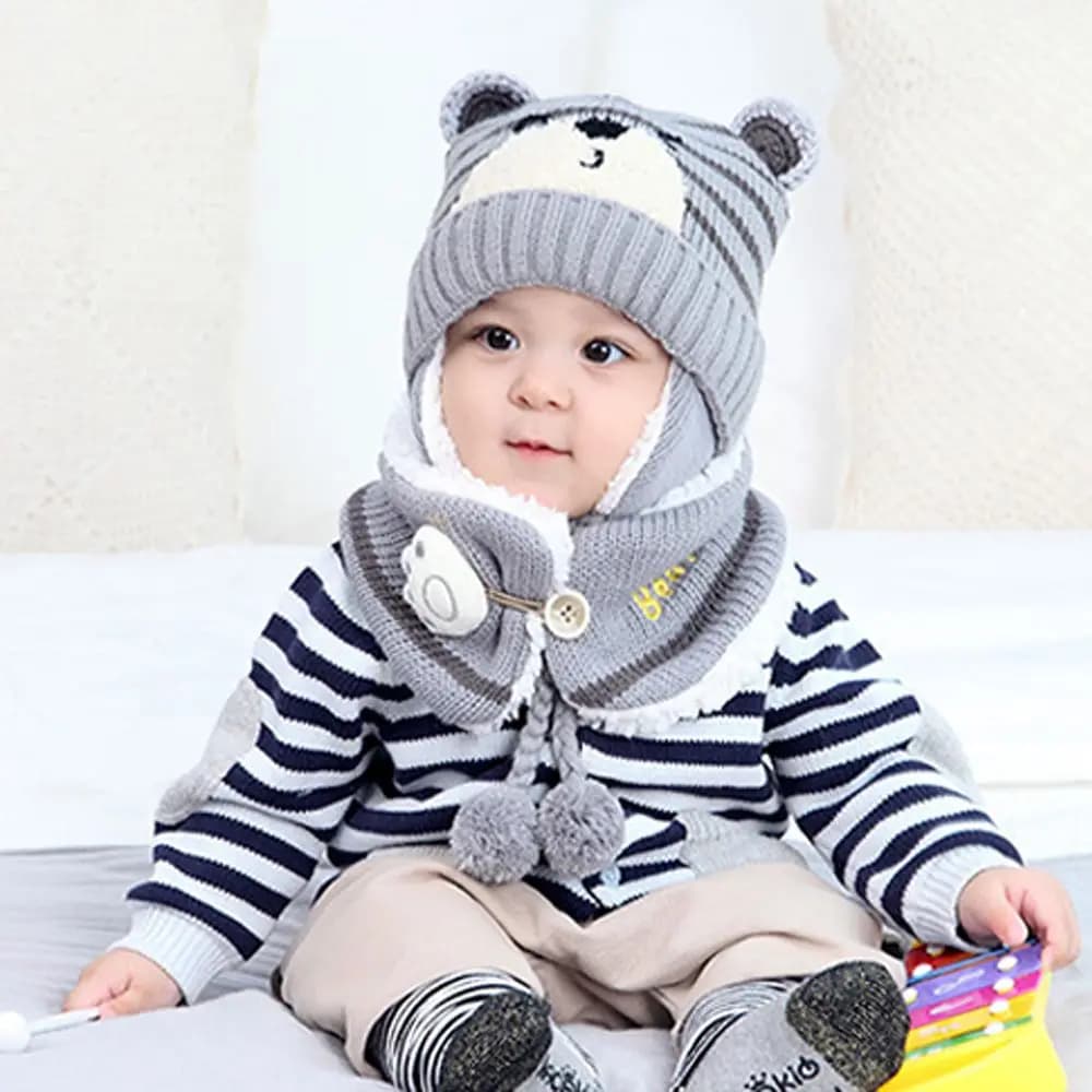 Cute Boys Girl Bambino Sciarpa al collo Cappello Sciarpa Set Orso Paraorecchie Beanie Cap