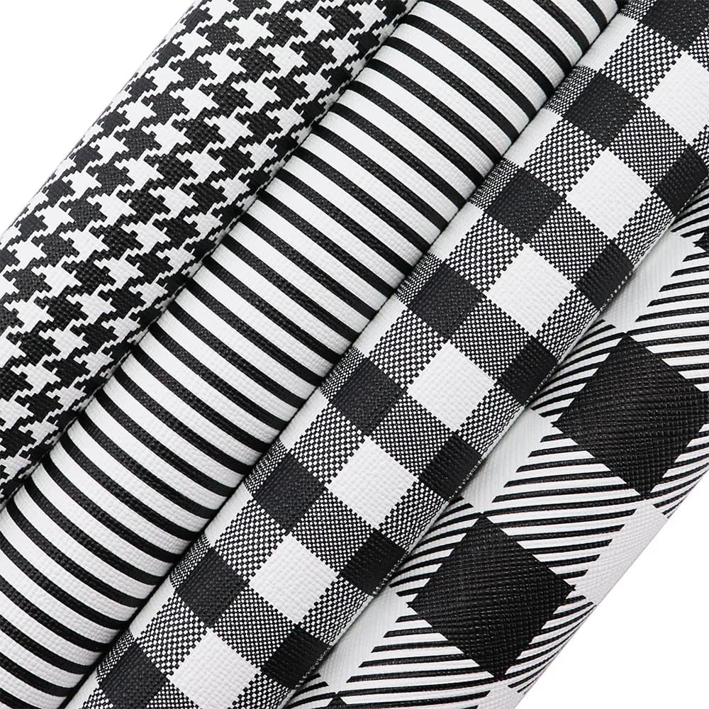 30x132cm Roll Black White Stripe Faux Colored Bird Plaid Pattern Leather Fabric For Bows HandBag Craft DIY BH044