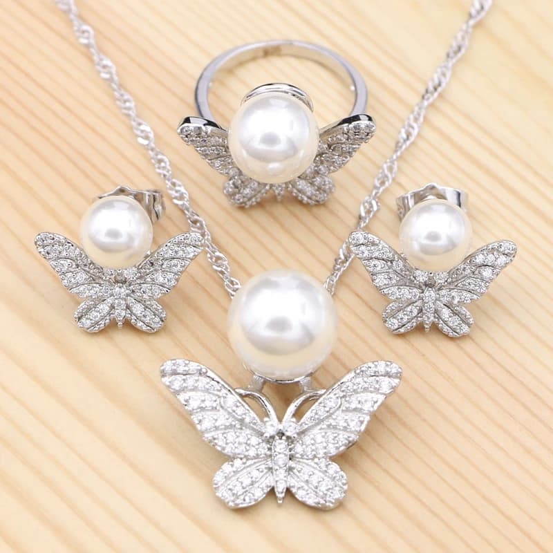 925 argento Set di Gioielli Da Sposa Bianco Cubic Zirconia Perla per Le Donne Farfalla Orecchini/Anello/Pendente/Collana