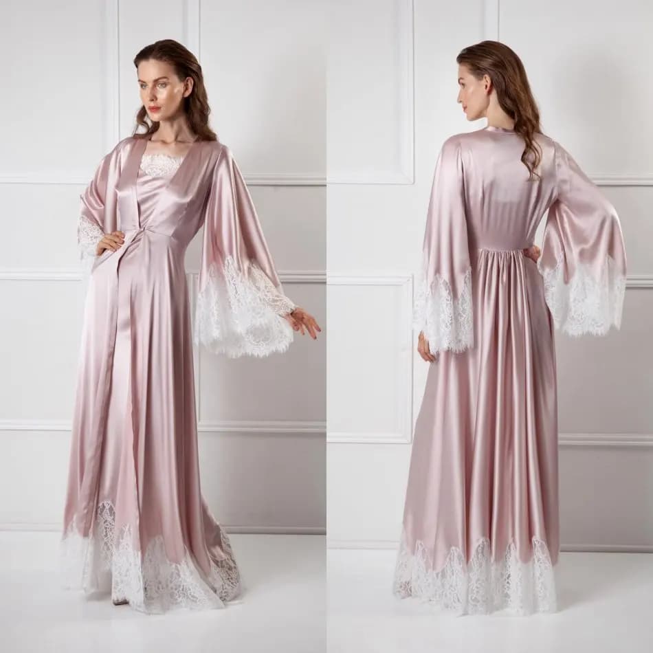 Two Pieces Women's Night Clothing Bathrobe Silk Kimono Long Dress Babydoll Lace Lingerie Black Bathrobe Camisola De Dormir