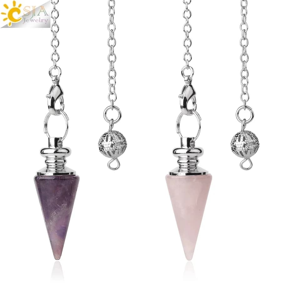 CSJA Pendolo conico Pietra naturale Cono Catena color argento Ametista Quarzo rosa Cristallo bianco Penduli occhio di tigre G491